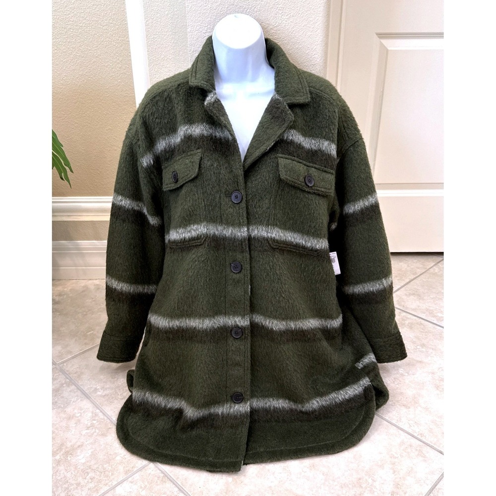 Old Navy Womens Large Olive Green Striped Fuzzy Long Shacket Button Front Jacket